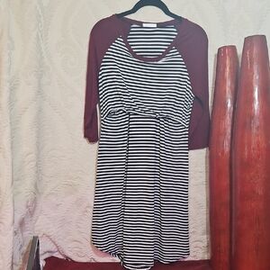 Striped Black and White Dress with Burgundy Sleeves Maternity